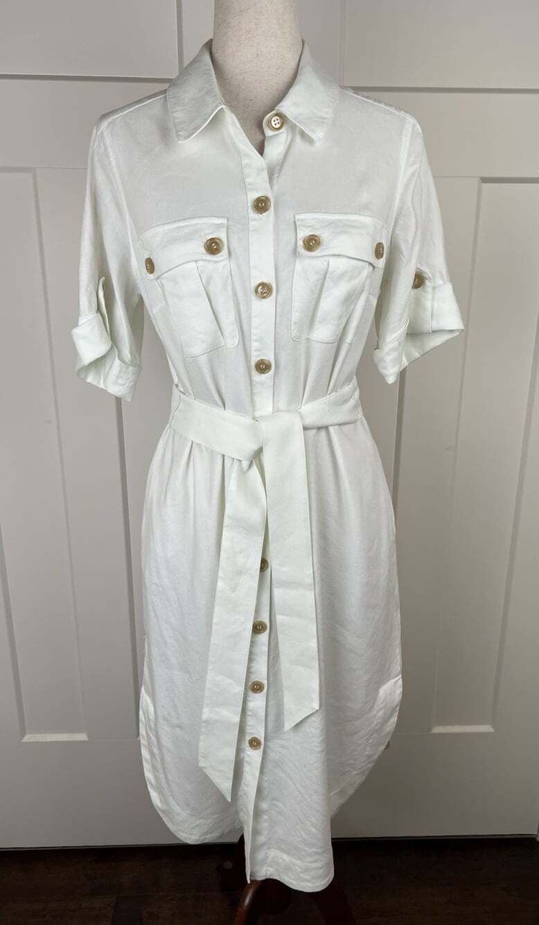 Soft Surroundings Linen Blend Shirt Dress S Ivory Belted Button Front Pockets